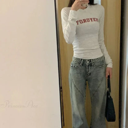 Preppy Y2K Letter Print Ribbed Long Sleeve Knit Top knittop-250126