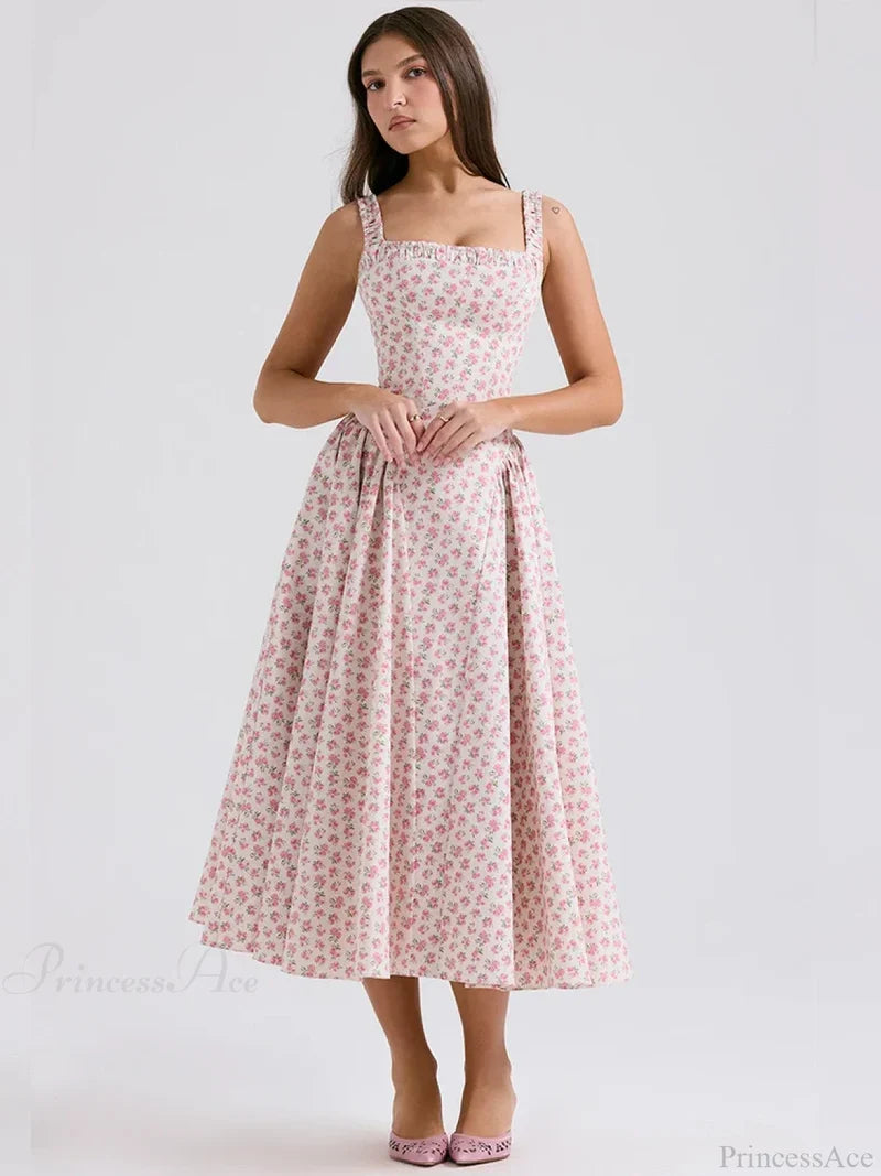 Print A-line Elegant Midi Vacation Dress Red / S vacationdress-250223
