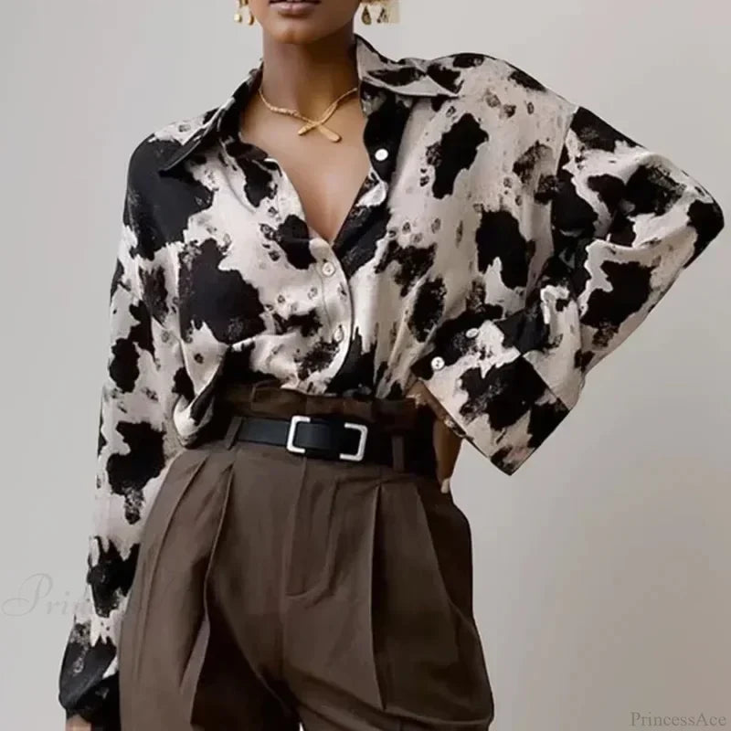 Print Button-up Casual Long Sleeve Blouse blouse-250126
