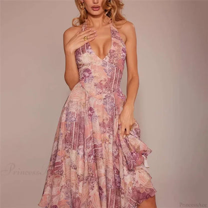 Print Pleated A-line Vacation Dress vacationdress-250223