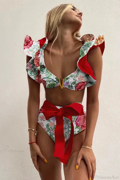 Print Push Up High Waist Bikini Set red / S
