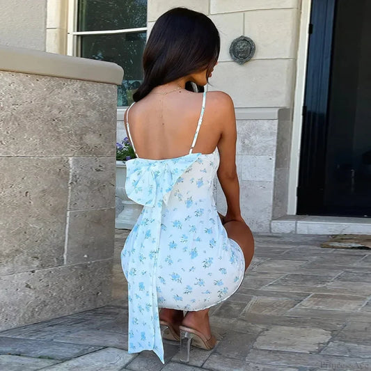 Print Slim Bow Backless Mini Vacation Dress vacationdress-250223