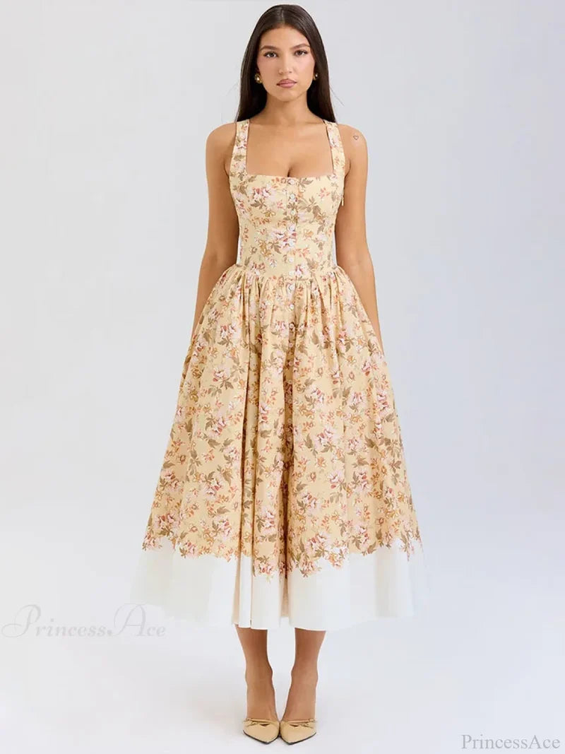 Print Waist Wrap A-line Vacation Dress Yellow / S vacationdress-250223