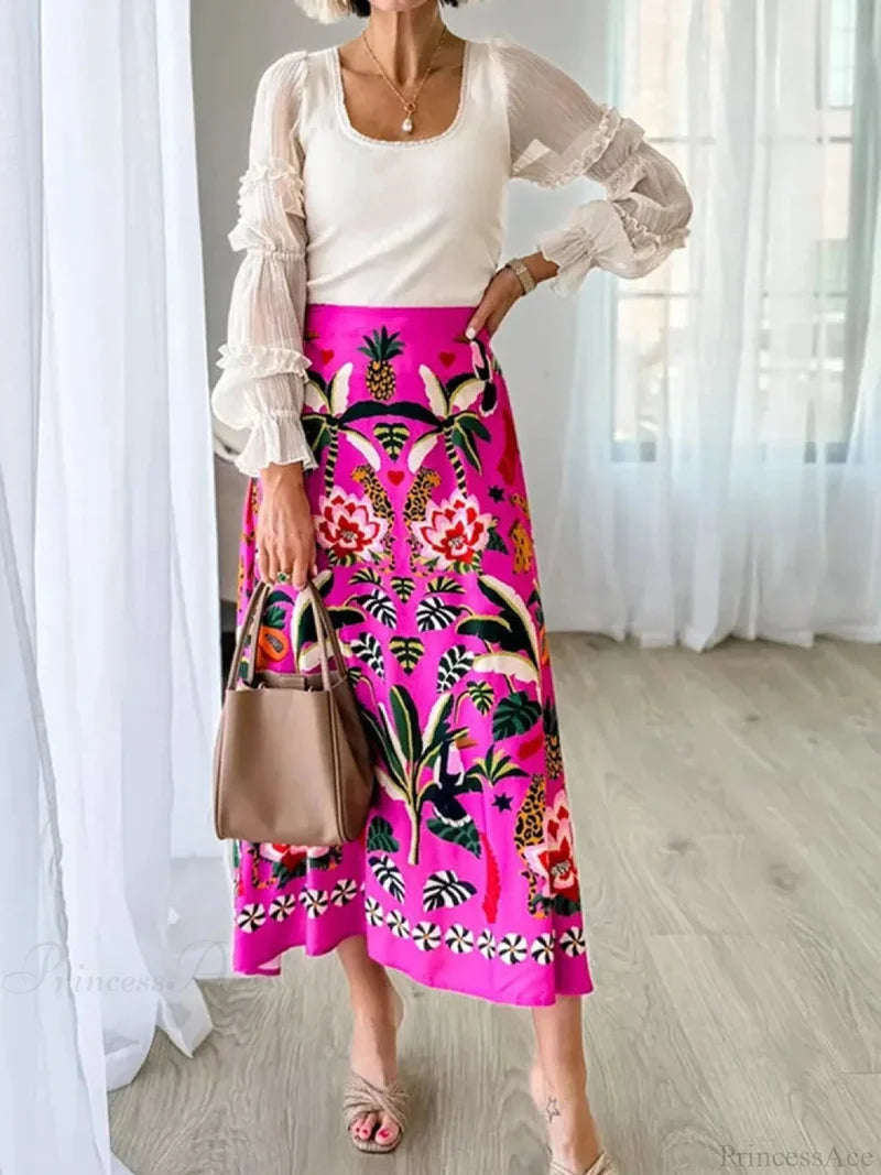 Printed A-Line Skirt Plants Flowers Zipper Spring Summer Fashion Skirt skirt-250126