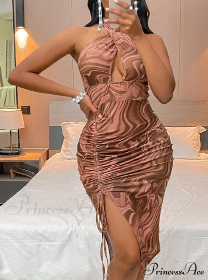 Printed Backless Halter Dress M / Fuchsia Dresses