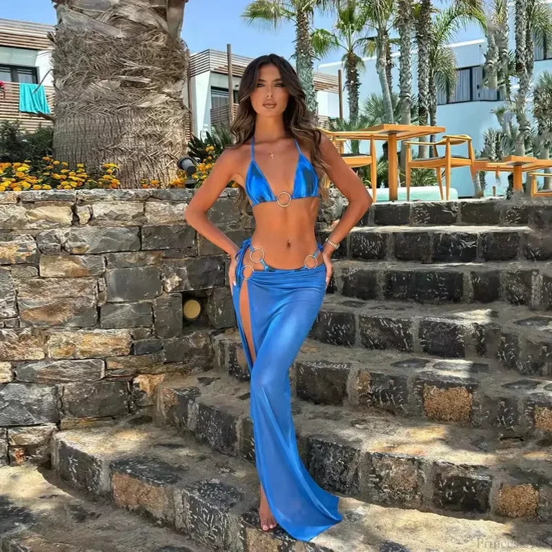 Printed Micro Bikini with Long Skirt Three Piece Swimsuit blue / S