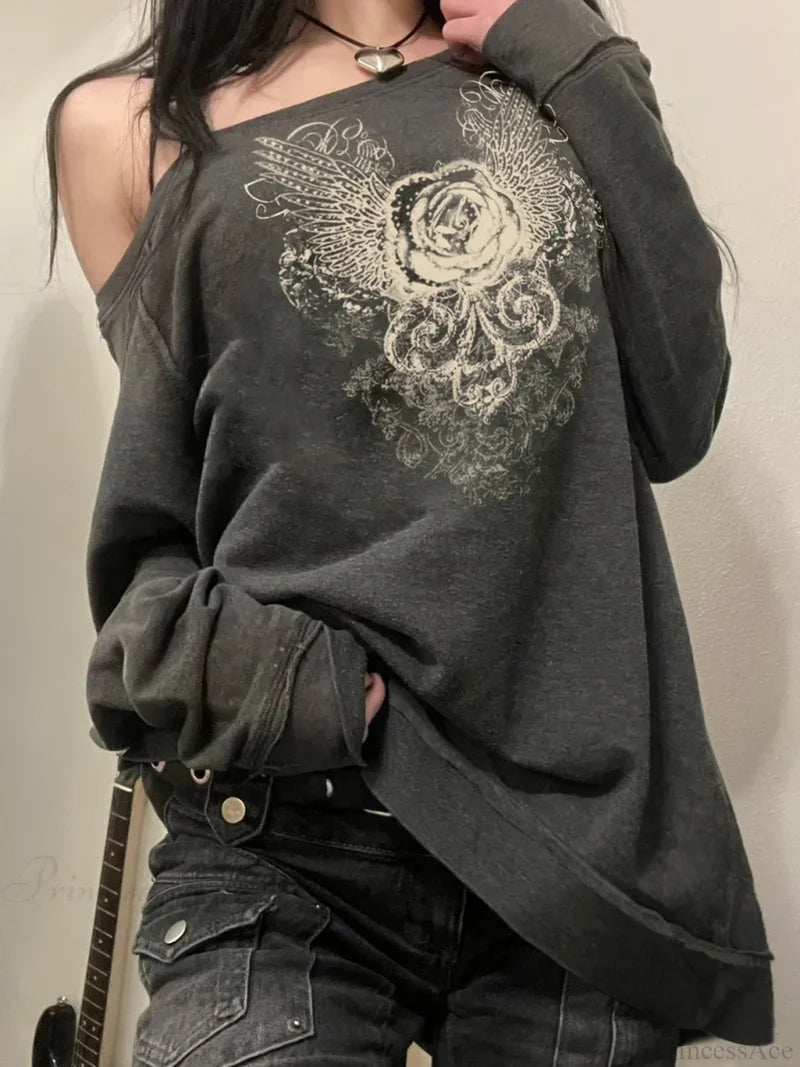 Printed Off-Shoulder Sweatshirt Vintage Loose Long Sleeve Pullover Sweater knittop-250126