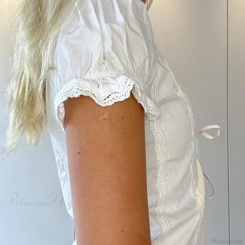 Puff Sleeve Lace Trim Front Tie Crop Top croptop-250126