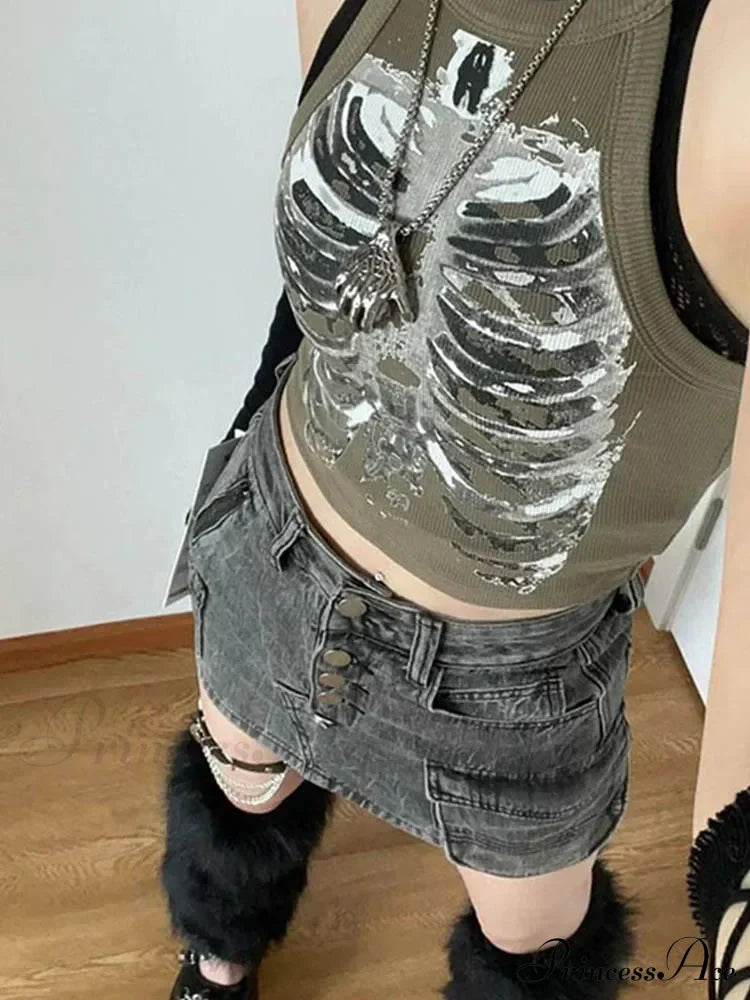Punk Aesthetic Cyber Retro X-Ray Skeleton Print Sleeveless Vest Armygreen Crop Designer Clothes