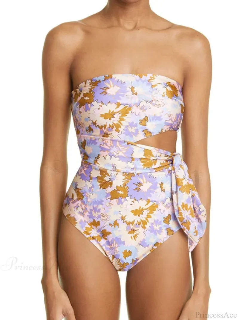 Purple Yellow Flower Print Wrap Bodice One Piece PURPLE / S onepiece-250223