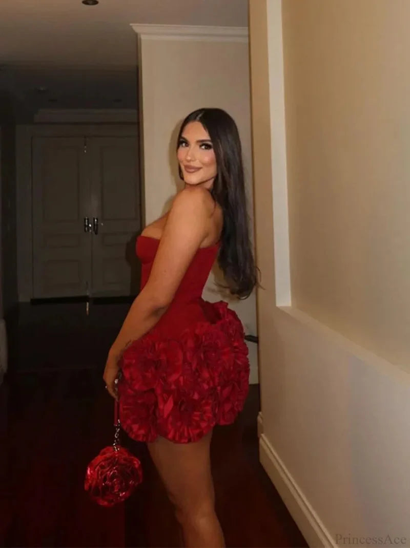 Red Fishbone Bandage 3D Flower Mini Party Dress