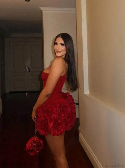 Red Fishbone Bandage 3D Flower Mini Party Dress