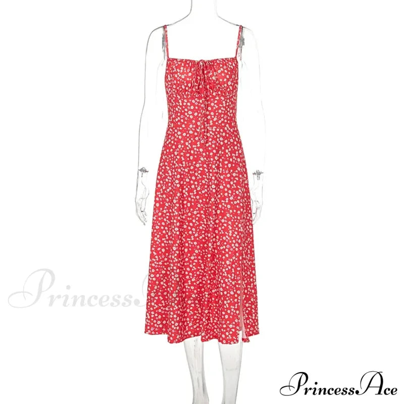 Red Floral Print Charming Strap Split Midi Dress Printed Midi
