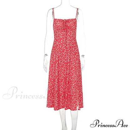 Red Floral Print Charming Strap Split Midi Dress Printed Midi