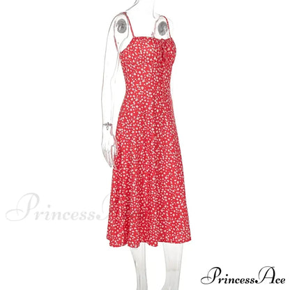 Red Floral Print Charming Strap Split Midi Dress Printed Midi