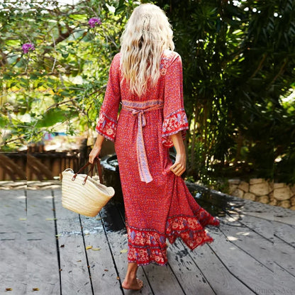 Red Rayon Floral Print V-neck Adjustable Belt Boho Dress bohodress-250126