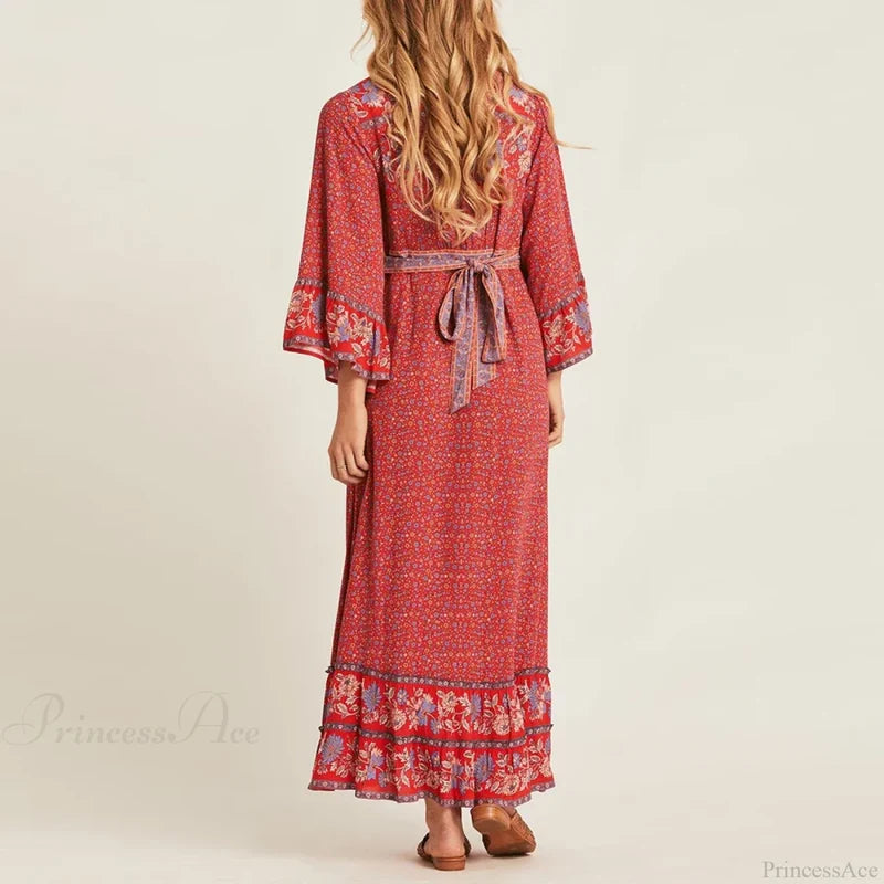 Red Rayon Floral Print V-neck Adjustable Belt Boho Dress bohodress-250126