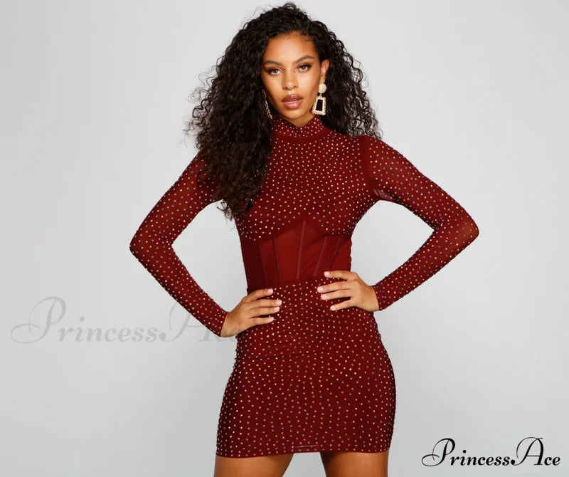 Renata Formal Heat Stone Illusion Mini Dress - Lady Occasions