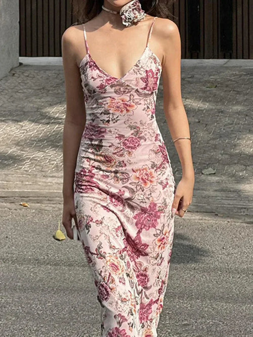 Retro Floral Print Cami Backless Wrap Floral Dress Pink / S floraldress-250126