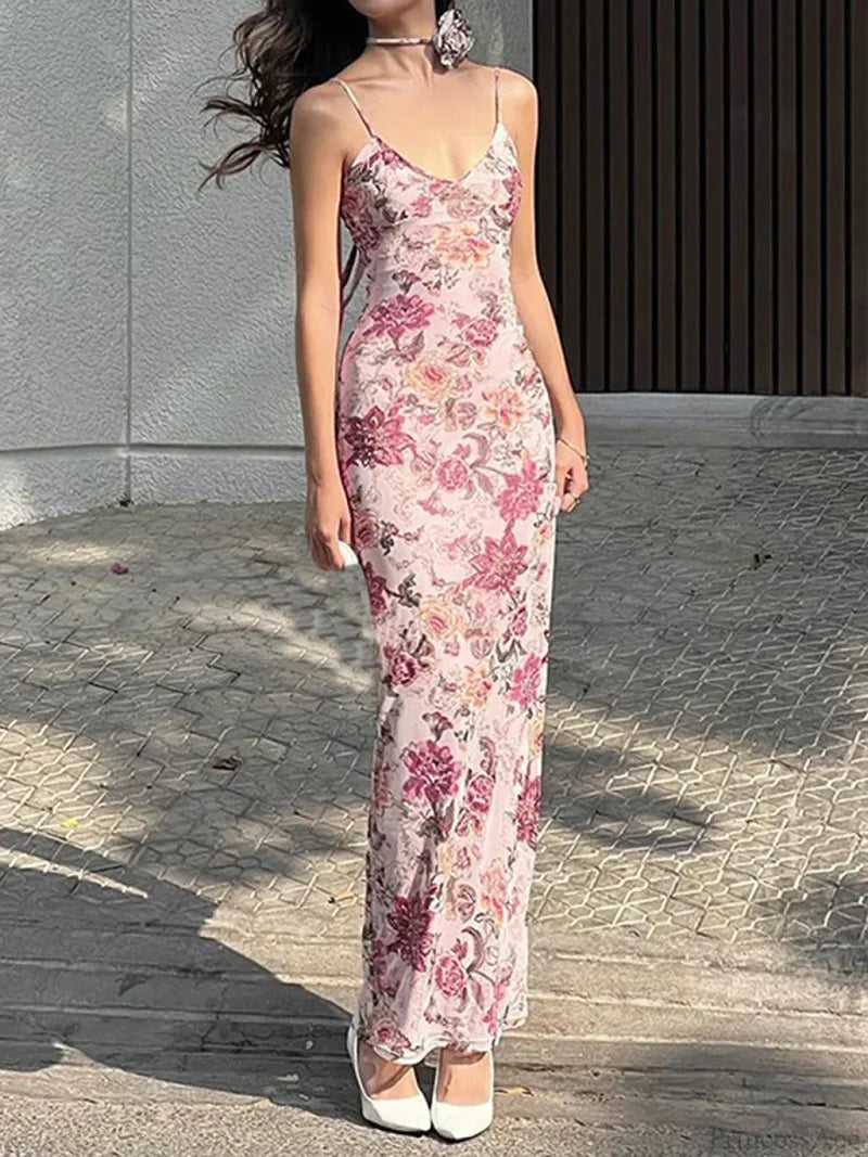 Retro Floral Print Cami Backless Wrap Floral Dress floraldress-250126