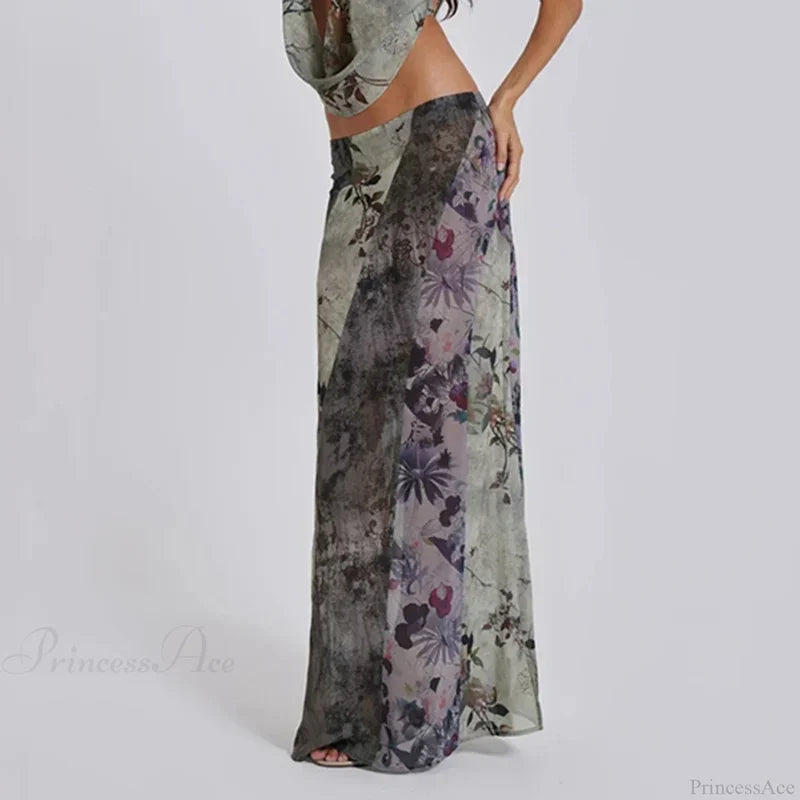 Retro Floral Print Long Patchwork Mesh Low Rise Skirt skirt-250126