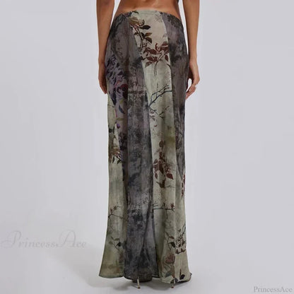 Retro Floral Print Long Patchwork Mesh Low Rise Skirt skirt-250126