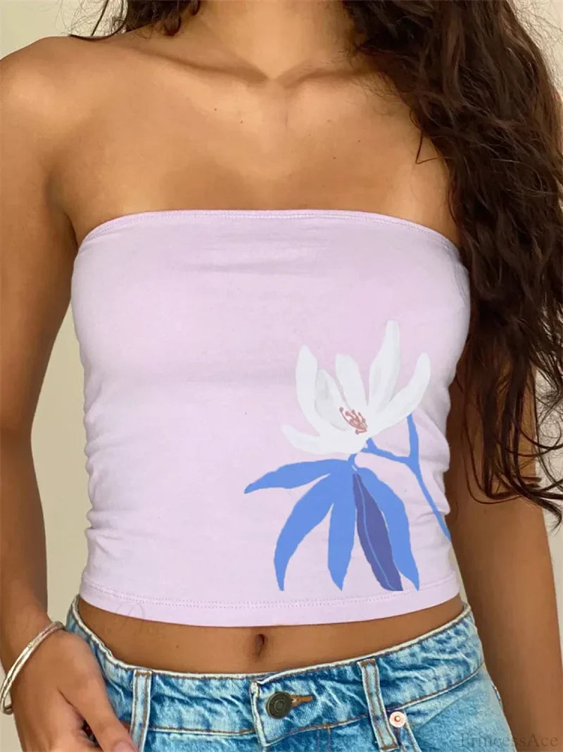 Retro Floral Strapless Backless Party Crop Top PURPLE1 / S croptop-250126