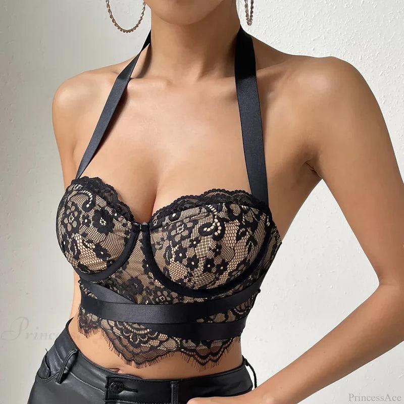Retro Hollow Bandage Halter Lace Crop Top croptop-250126