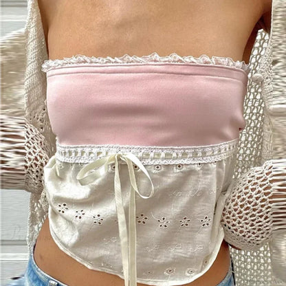 Retro Lace Trim Strapless Tube Crop Top croptop-250126