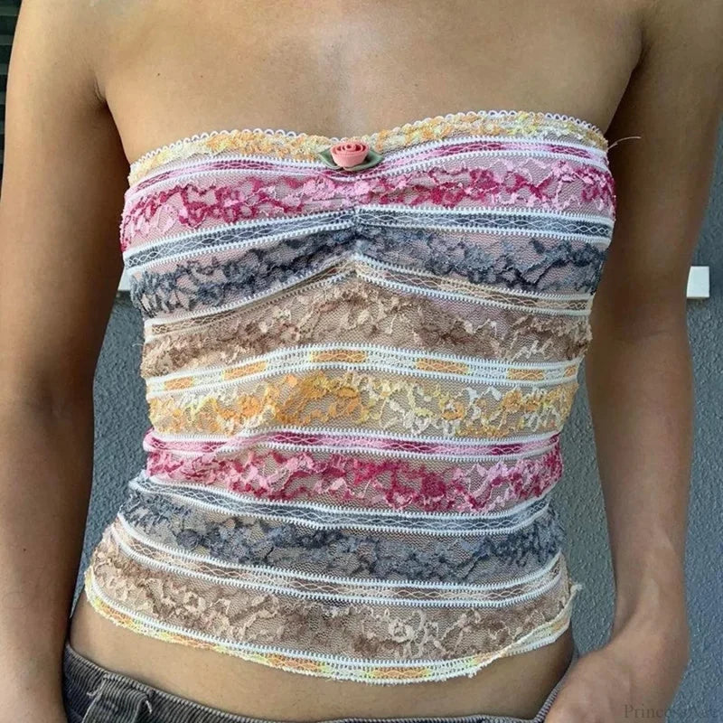 Retro Lace Trim Strapless Tube Crop Top COLORFUL / S croptop-250126