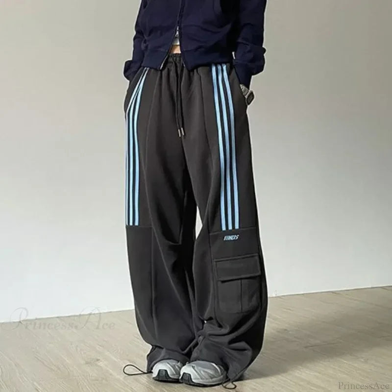 Retro Lazy Stripes Wide Leg Pants Dark Grey / S (44-50kg)