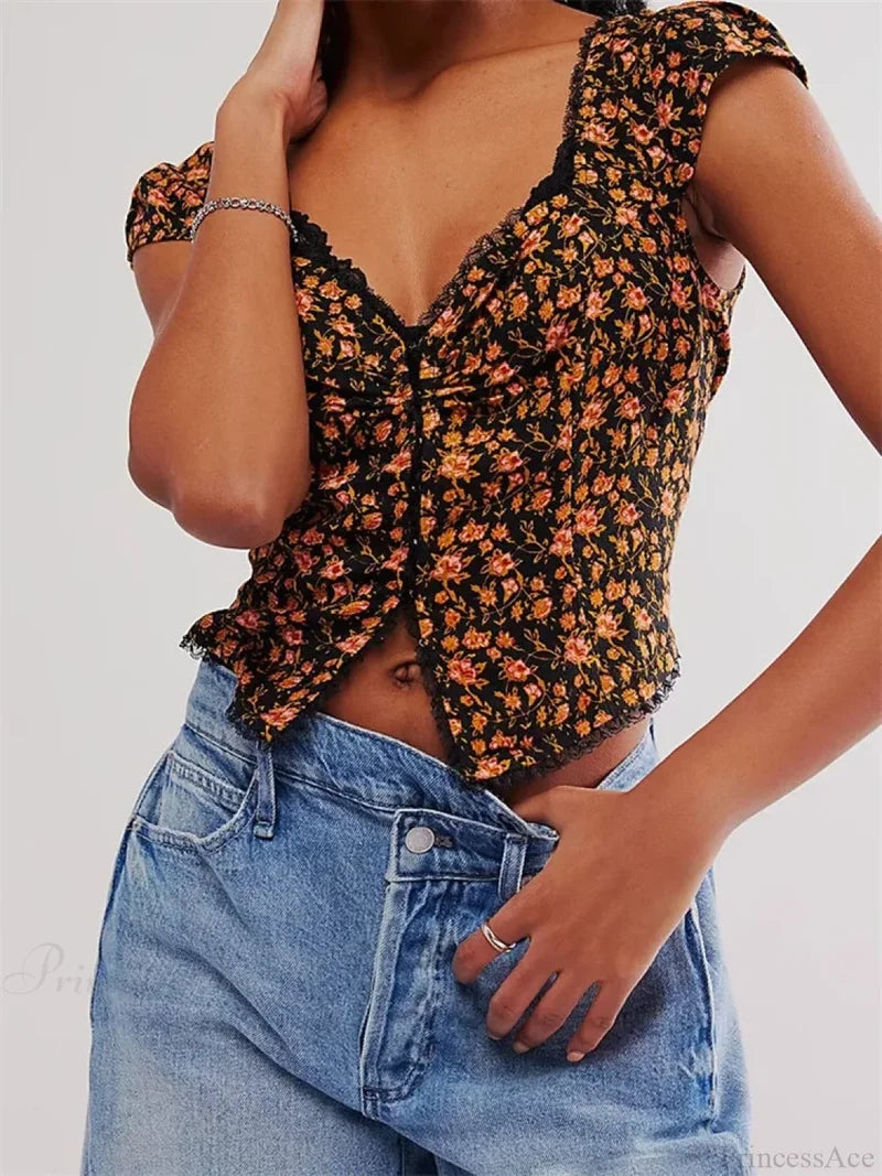 Retro Slim Fit Floral Button V-neck Crop Top Black / S croptop-250126
