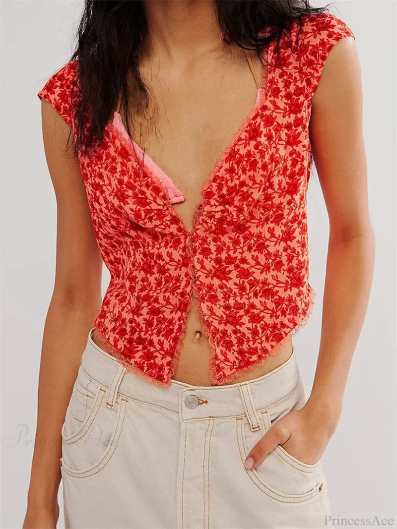 Retro Slim Fit Floral Button V-neck Crop Top Blue / S croptop-250126