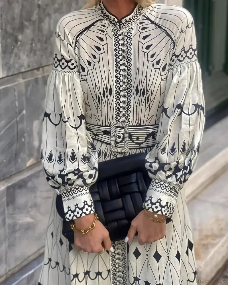 Retro Stand Collar Belted Boho Dress bohodress-250126