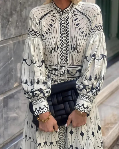 Retro Stand Collar Belted Boho Dress bohodress-250126