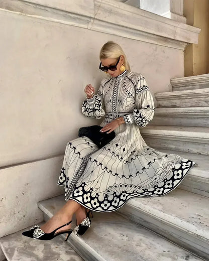 Retro Stand Collar Belted Boho Dress bohodress-250126