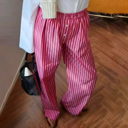 Retro Striped Button High Waist Straight Pant DARKPINK / S pant-250223