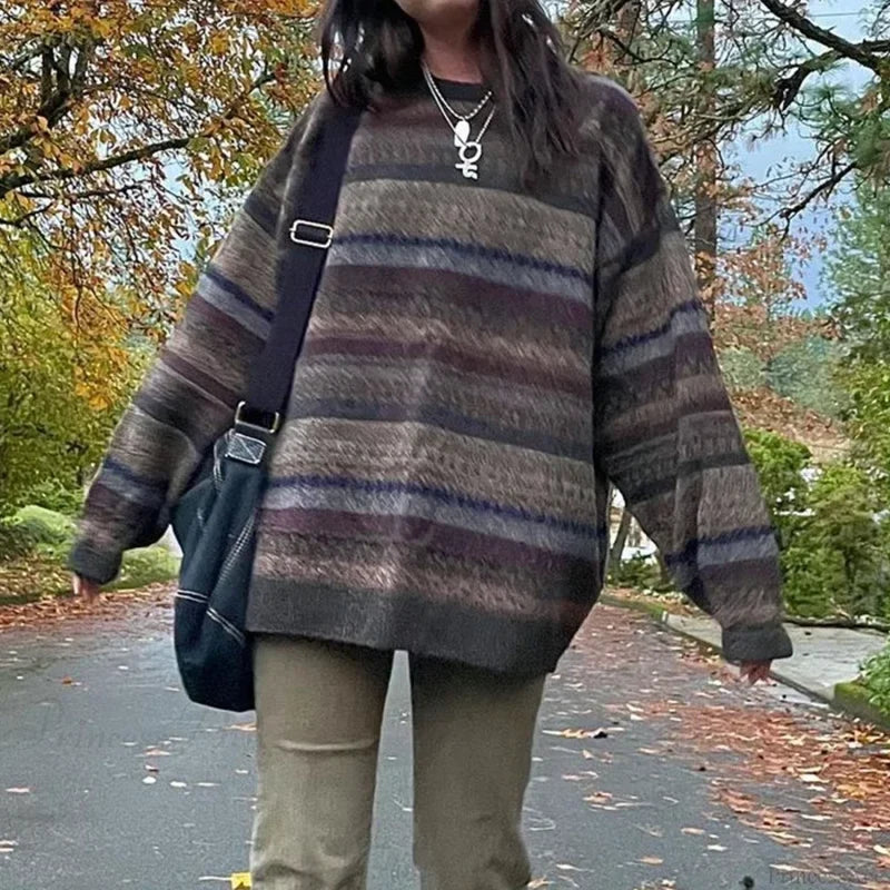 Retro Striped Knit Sweater GRAY / S