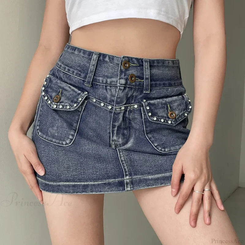 Rhinestone Punk Pocket Skirt Blue / S skirts-250223