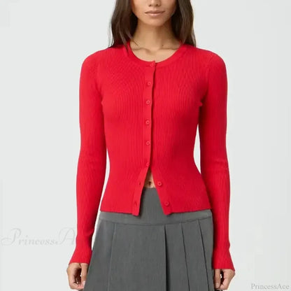 Ribbed Slim Button-Up Long Sleeve Cardigan