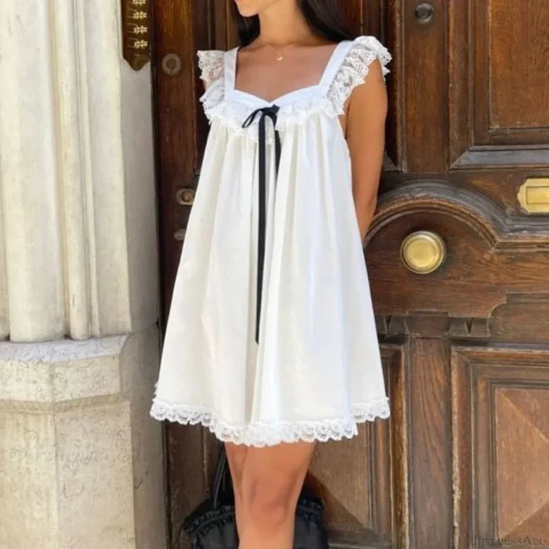 Ribbon Bow Babydoll Mini Dress minidress-250223