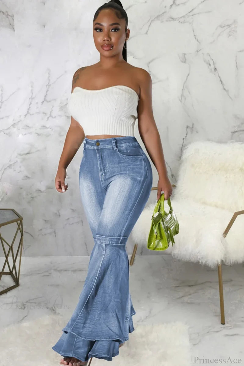 Rise Flares Tiered High Jeans Light Blue / L Pants