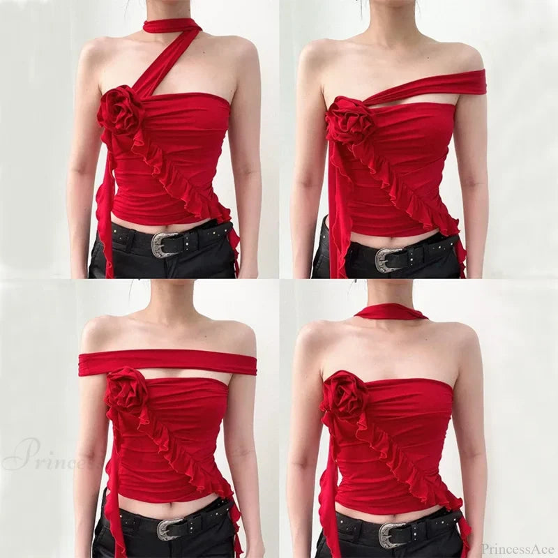 Rose Bandage Off Shoulder Halter Backless Bare Midriff Tube Crop Top croptop-250126