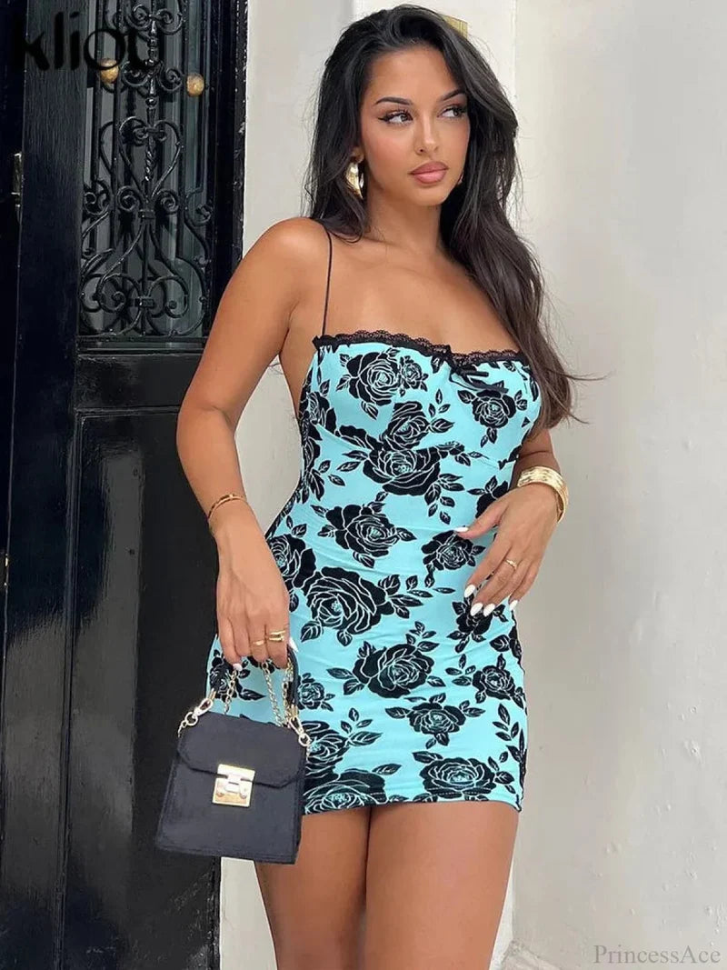 Rose Print Lace Patchwork Backless Bodycon Dress floraldress-250126