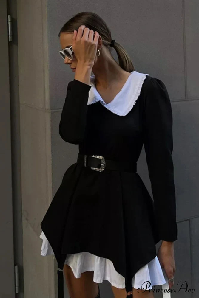 Ruched Fake Two-Pieces Dress With Doll Collar Black / S Mini Dresses