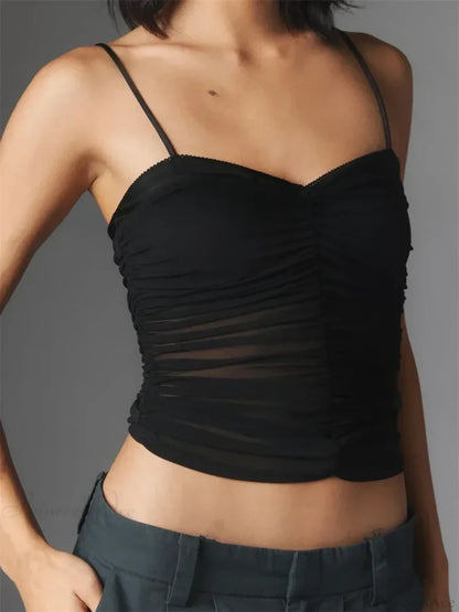 Ruched Floral Leopard Spaghetti Strap Crop Top BLACK / S croptop-250126