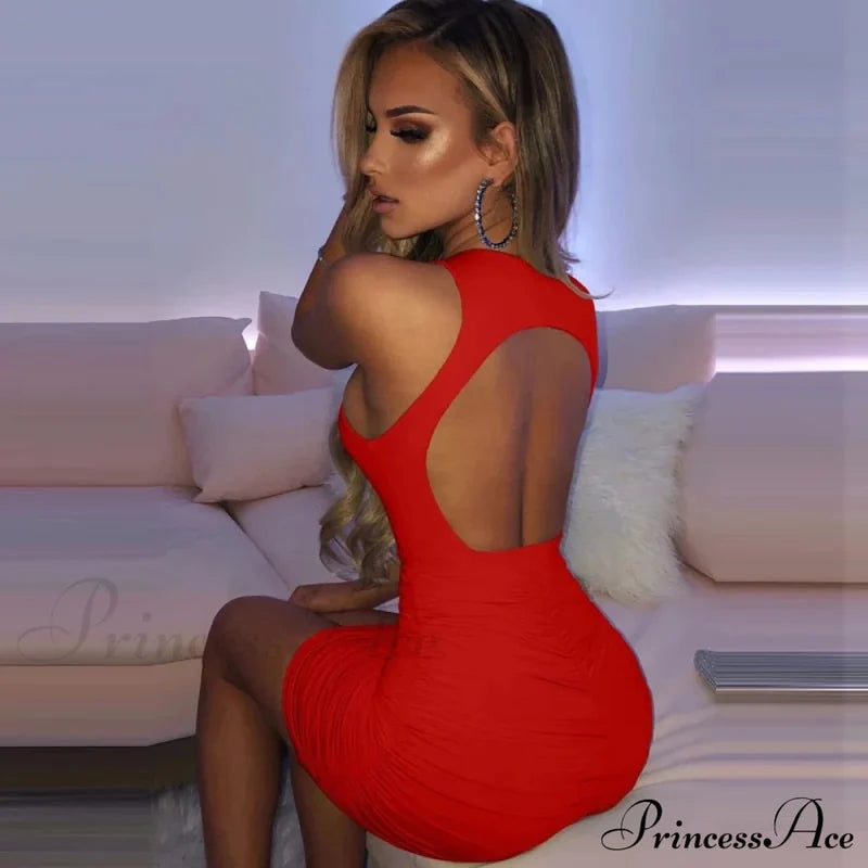 Ruched Tank Sexy Bodycon Backless Lady Black O-Neck Hollow Gown Dresses White Sleeveless Out Party