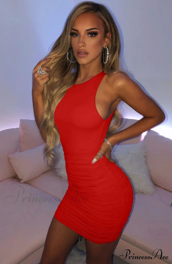 Ruched Tank Sexy Bodycon Backless Lady Black O-Neck Hollow Gown Dresses White Sleeveless Out Party