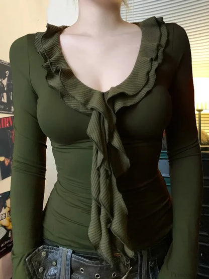 Ruffle V-neck Knit Top