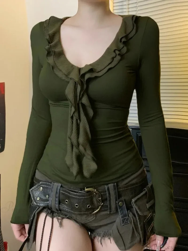 Ruffle V-neck Knit Top Green / S